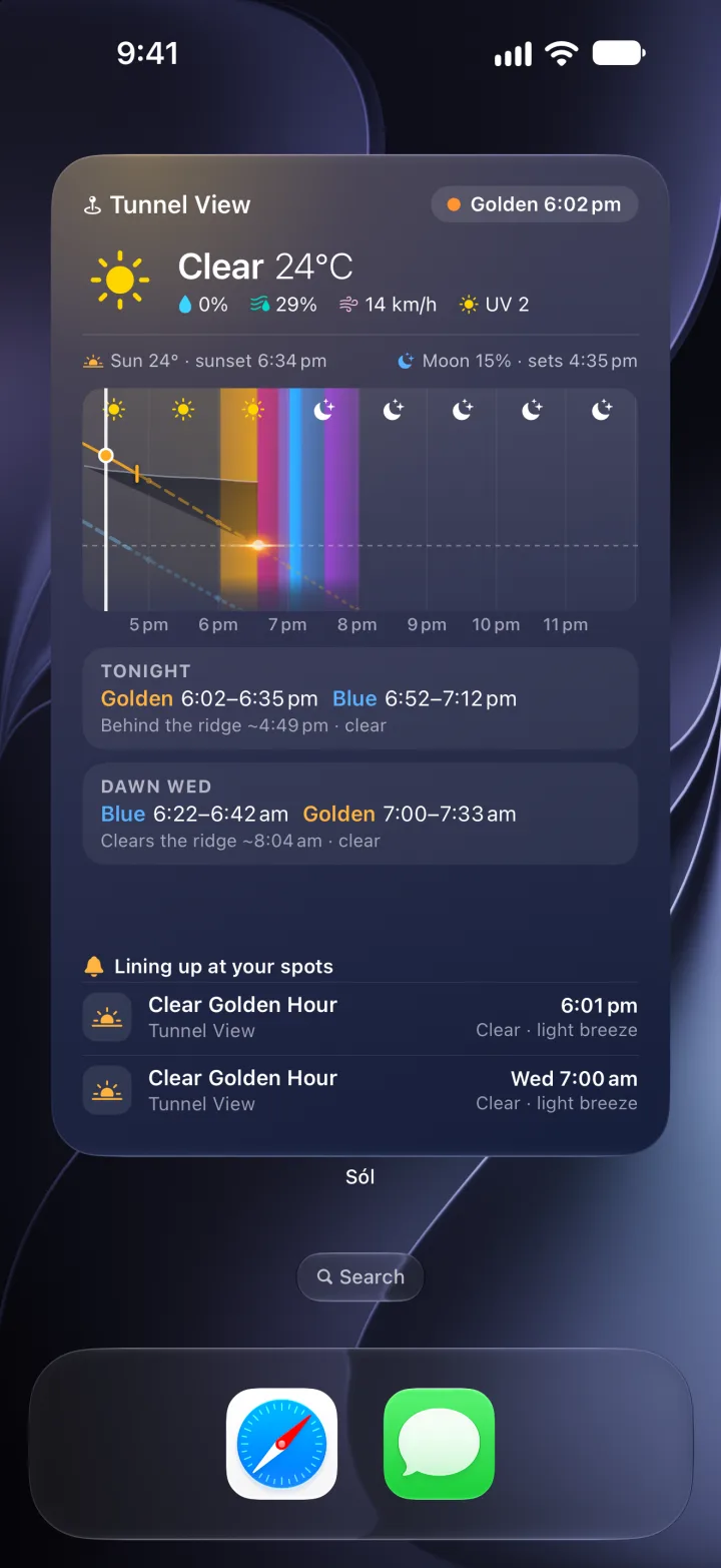 Home Screen with Sól's Light Page widget for Tunnel View