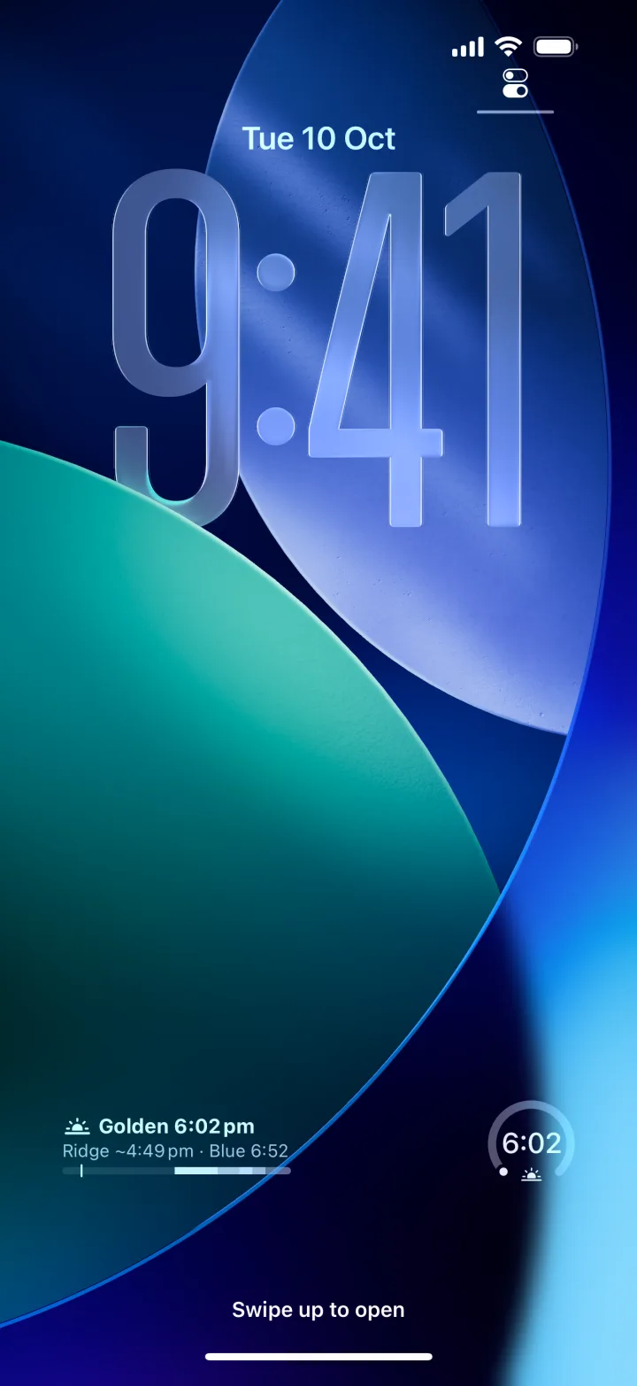 Lock Screen with Sól's Next Light widget: golden hour at 6:02 pm